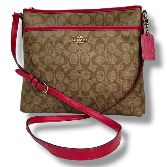 Vintage Coach Signature File Pink Brown & Tan Canvas and Leather Crossbody Bag w - Picture 1 of 13